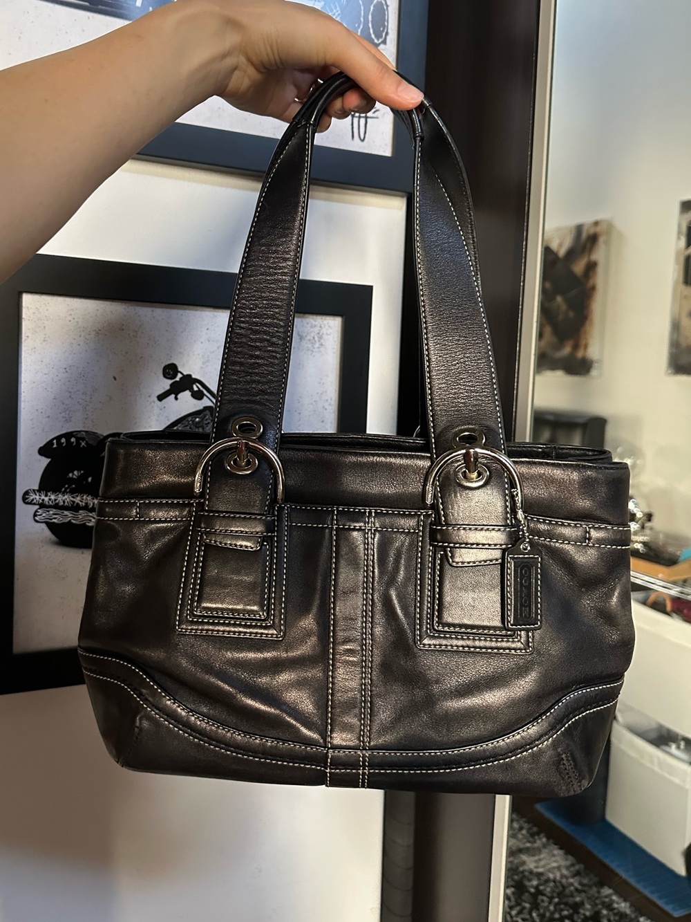 Coach Black Leather Shoulder Bag with Contrast Stitching